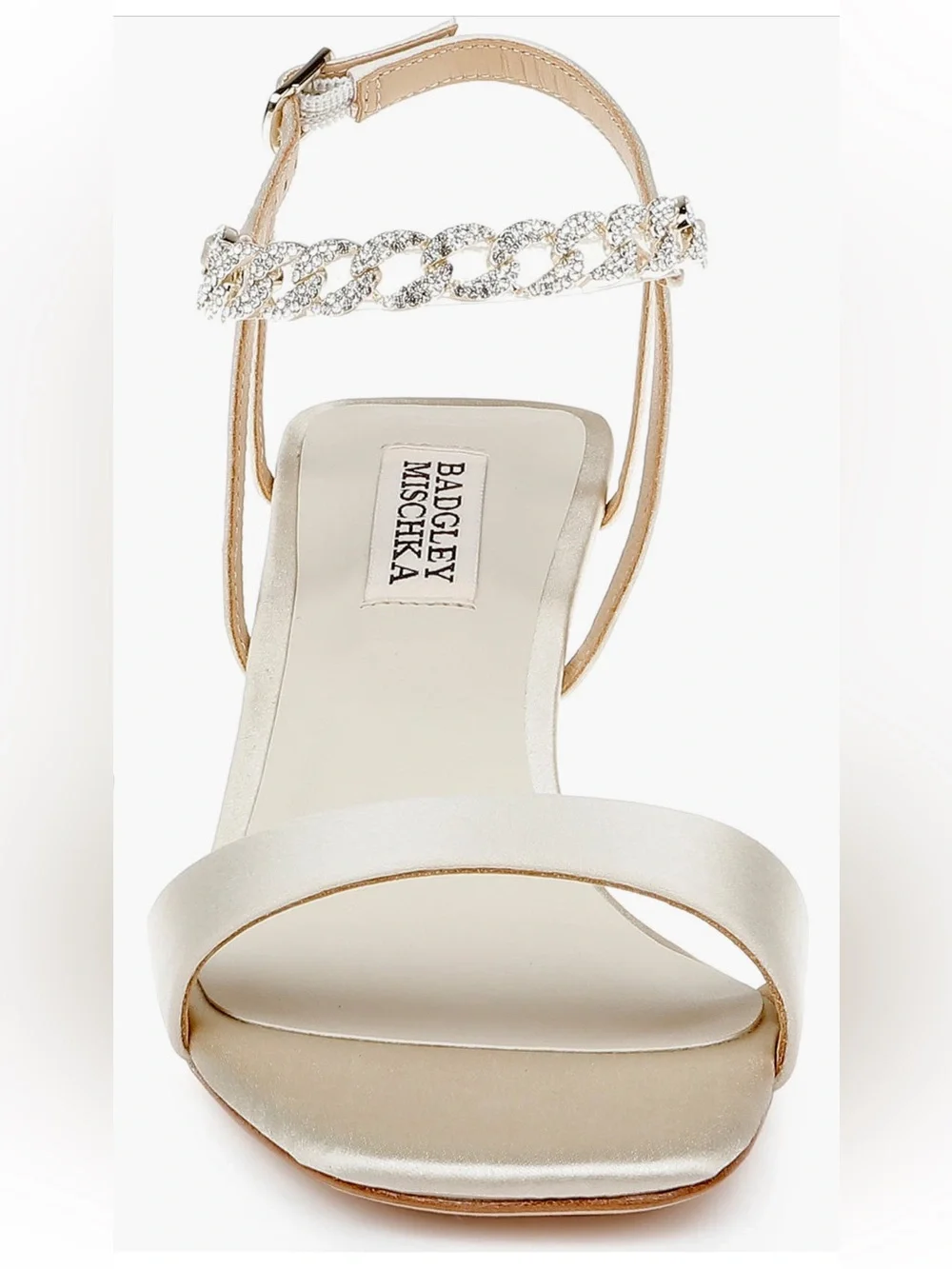 NWT Badgley Mischka size 9 Kaelyn Ivory Satin Wedge Sandal with Crystal Chain